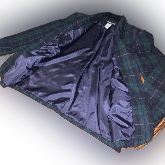 Vintage Wool Navy Green Structured Plaid Women’s Blazer Jacket Coat 8 Petite - Picture 8 of 10